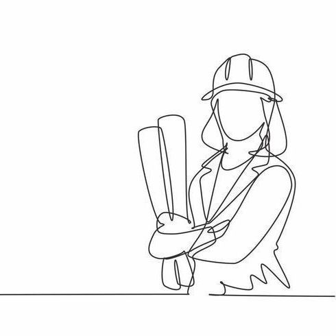 Un dibujo de línea continua de una mujer con casco sosteniendo un plano.