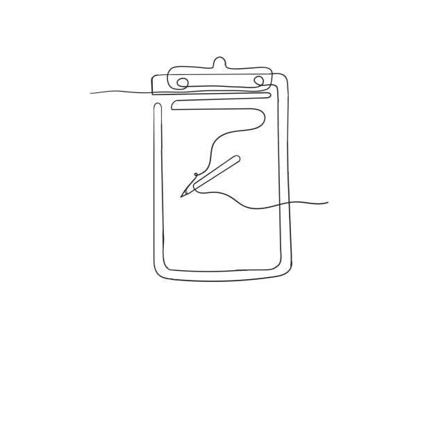 Un dibujo de línea continua de un portapapeles con un bolígrafo sobre él.