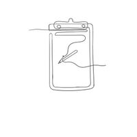 Un dibujo de línea continua de un portapapeles con un bolígrafo sobre él.
