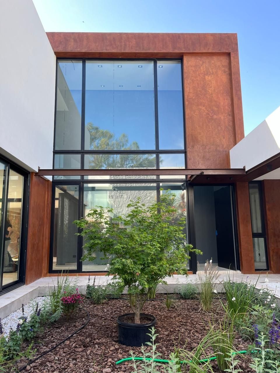 Una casa con muchas ventanas y un árbol delante de ella.