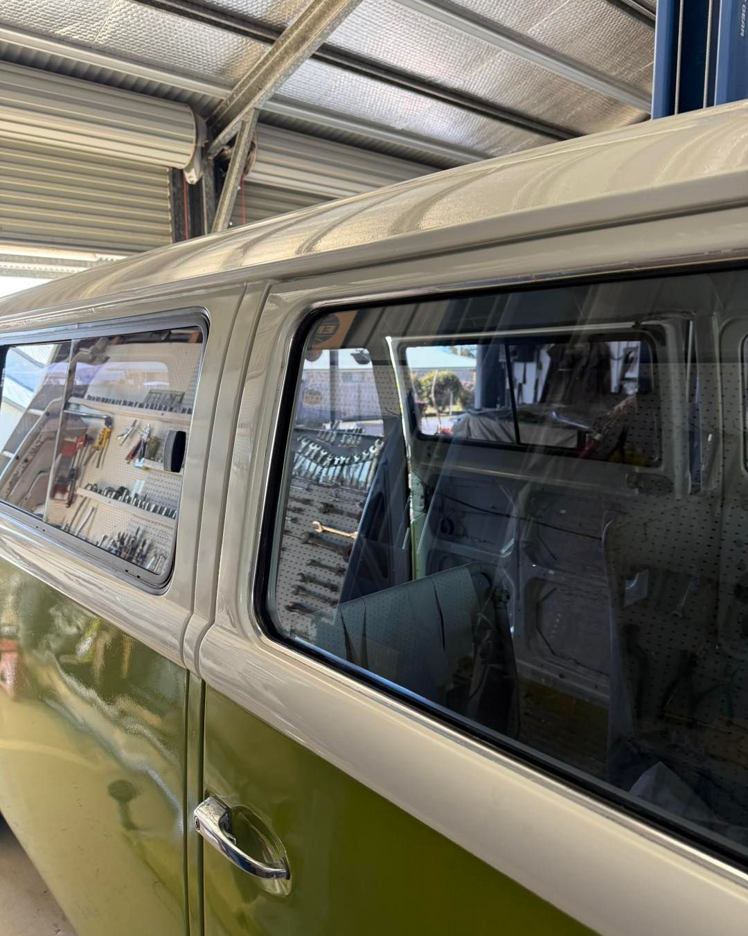 Green and White Vintage VW Bus Interior, Side View in a Garage — Boss Signs & Tint in Gympie, QLD