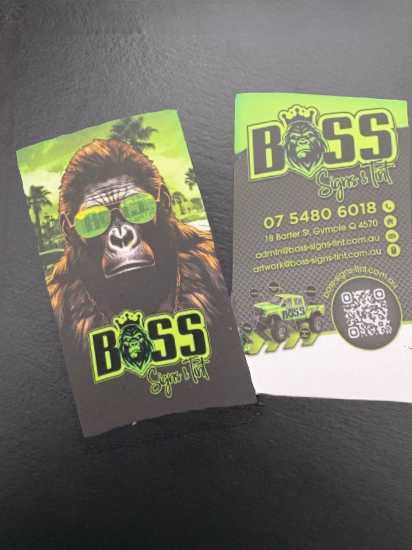 Two Business Cards: One Features a Gorilla Wearing Sunglasses — Boss Signs & Tint in Gympie, QLD