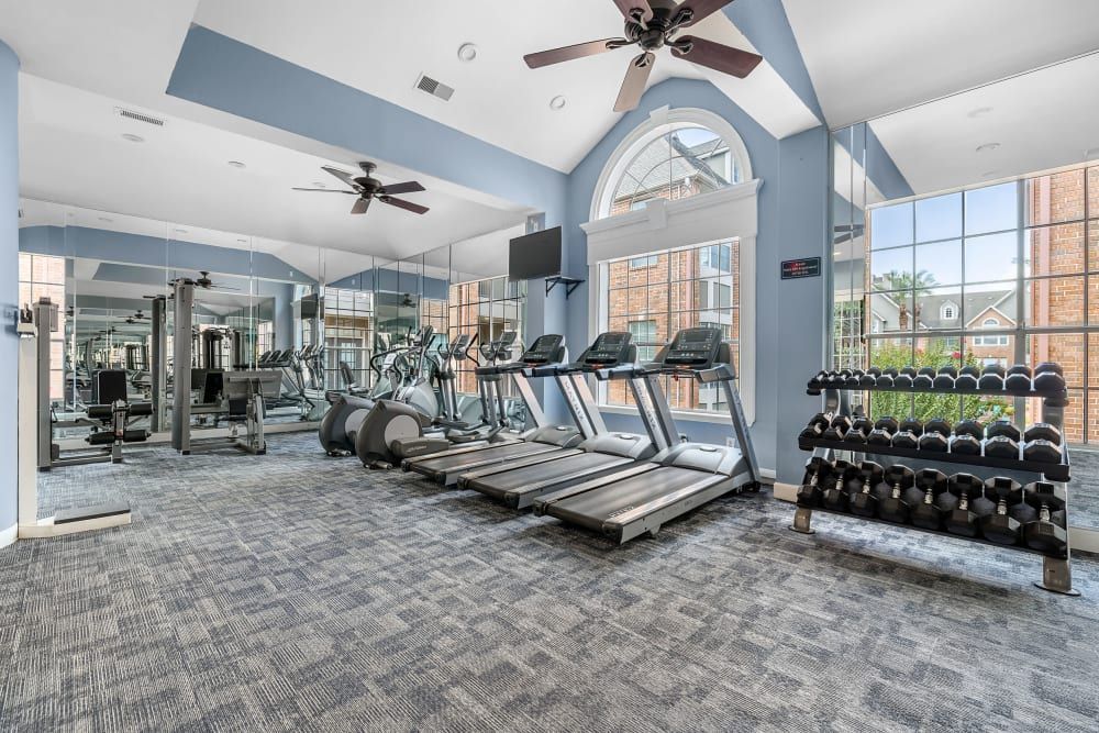 a large gym with a lot of treadmills and dumbbells at Marquis on Pin Oak in Houston, TX.