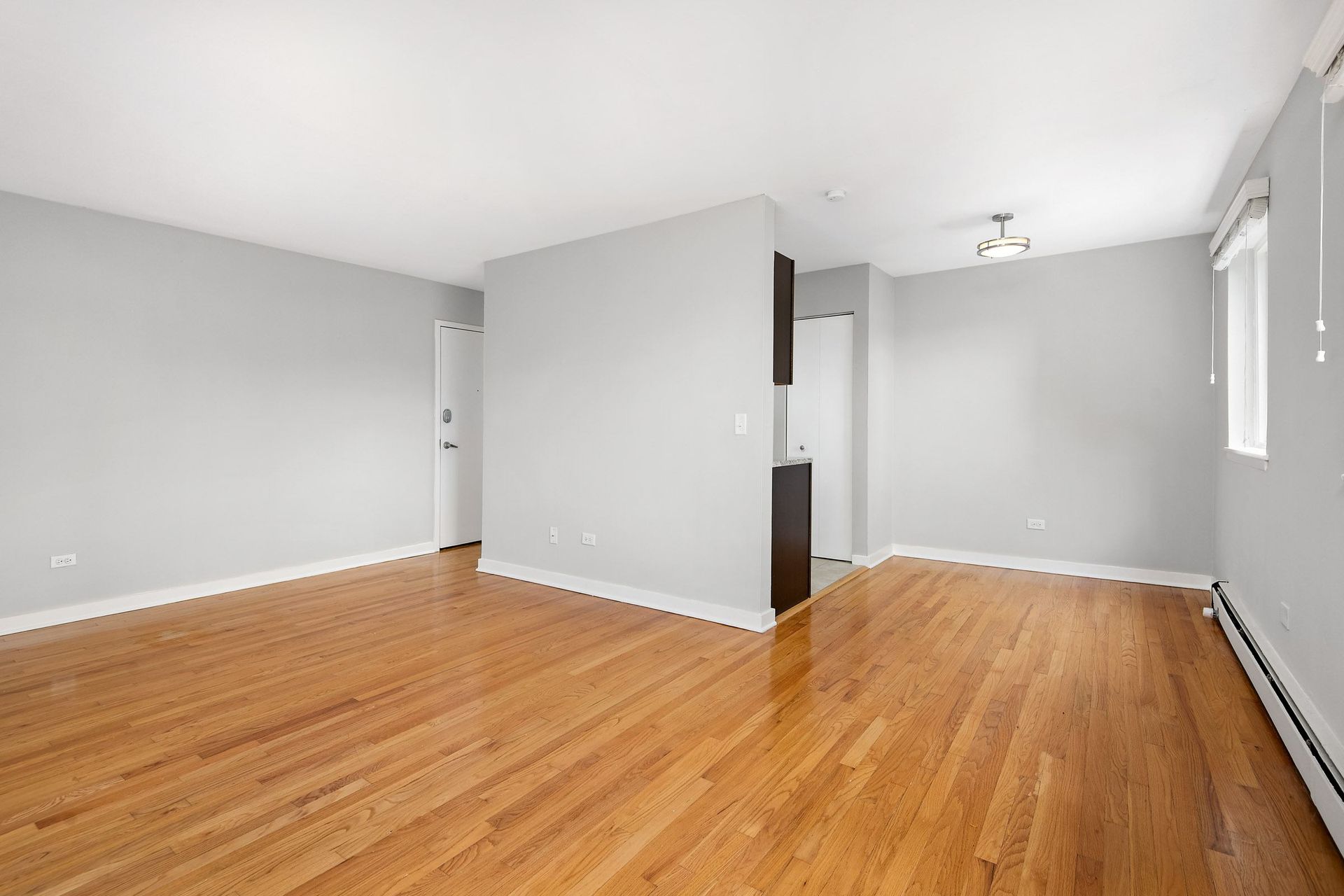 Living room with white walls and hardwood floors