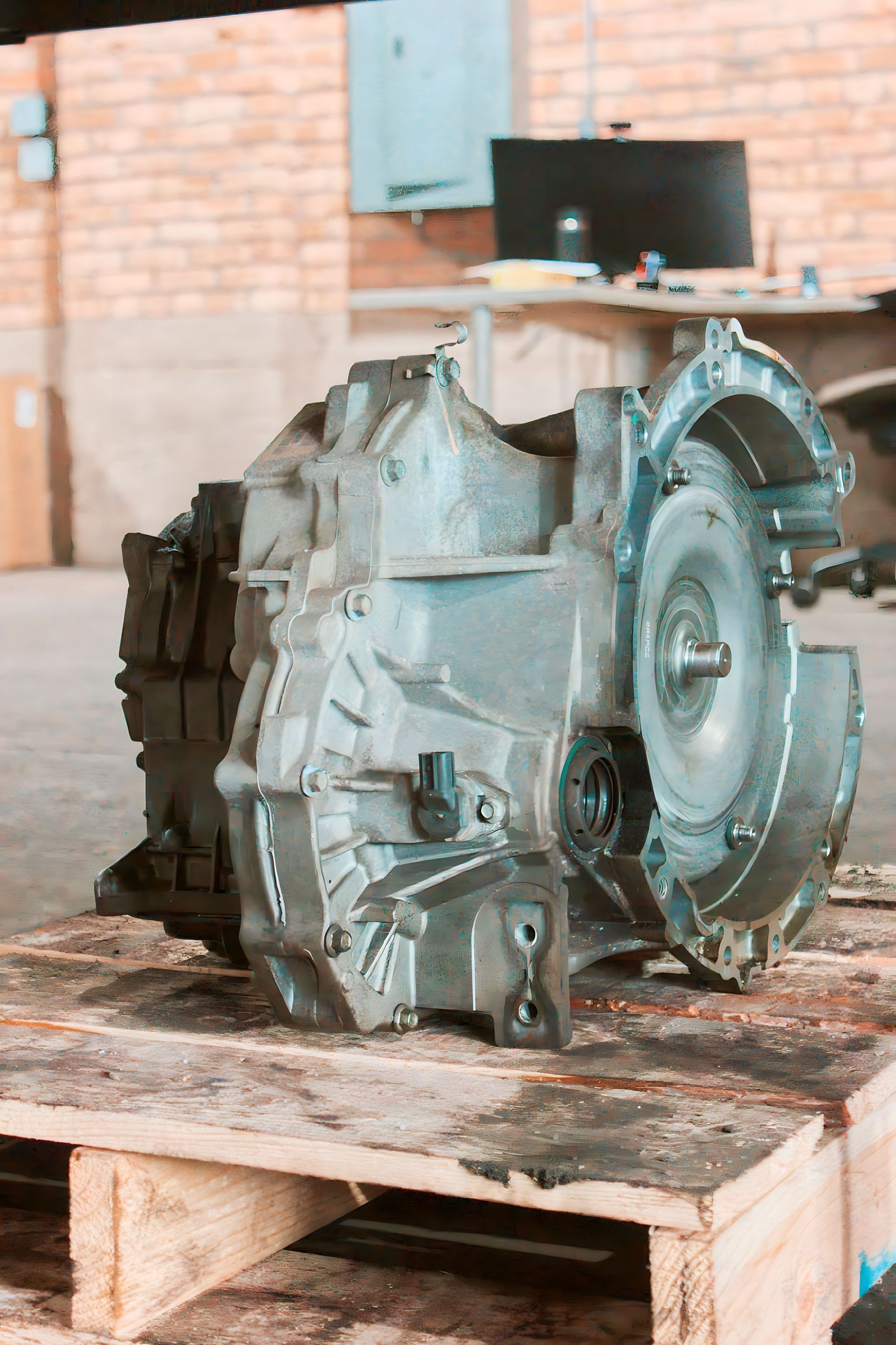 Silver car transmission on a wooden pallet in a workshop.