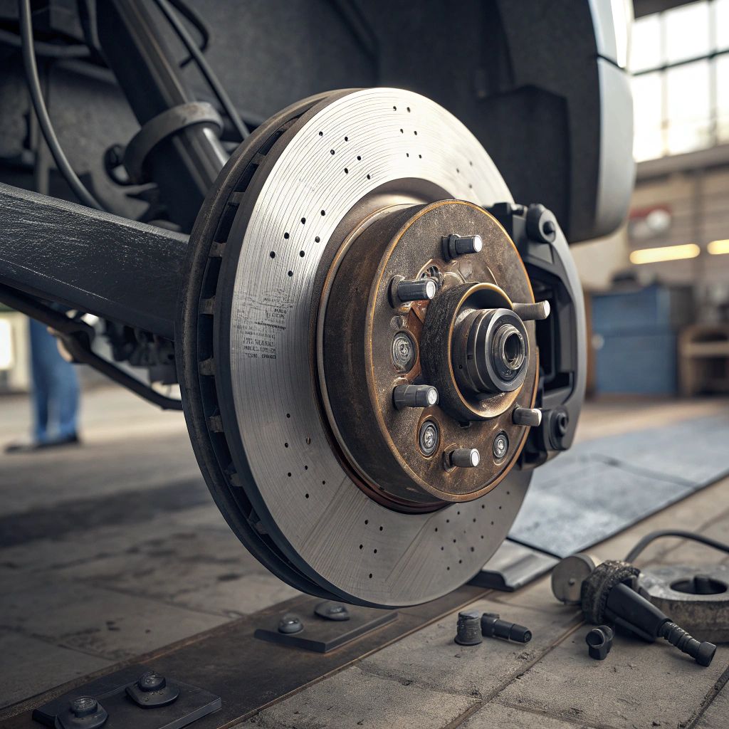 Close-up of a car's front wheel disc brake system inside a garage; tools and parts scattered on the floor.