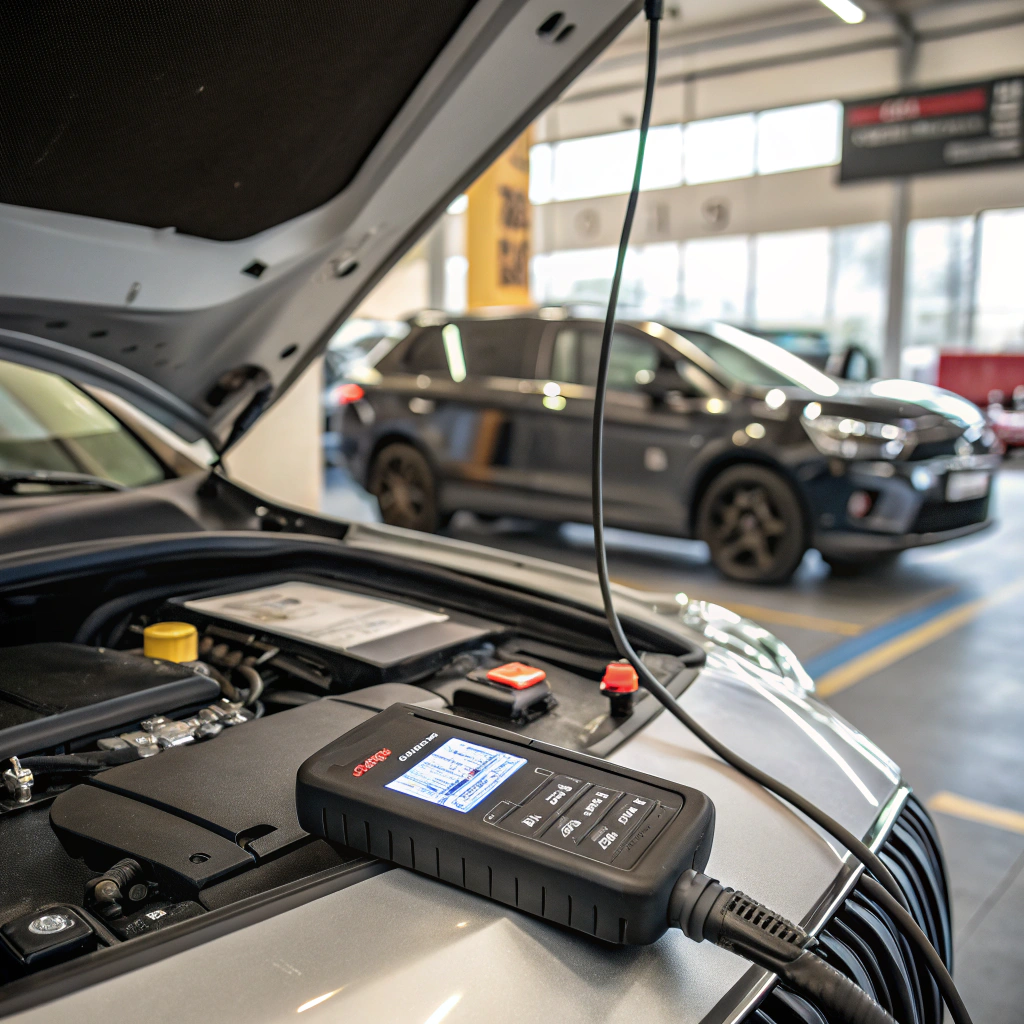 A car battery being tested with a diagnostic device in a garage; black car in background.