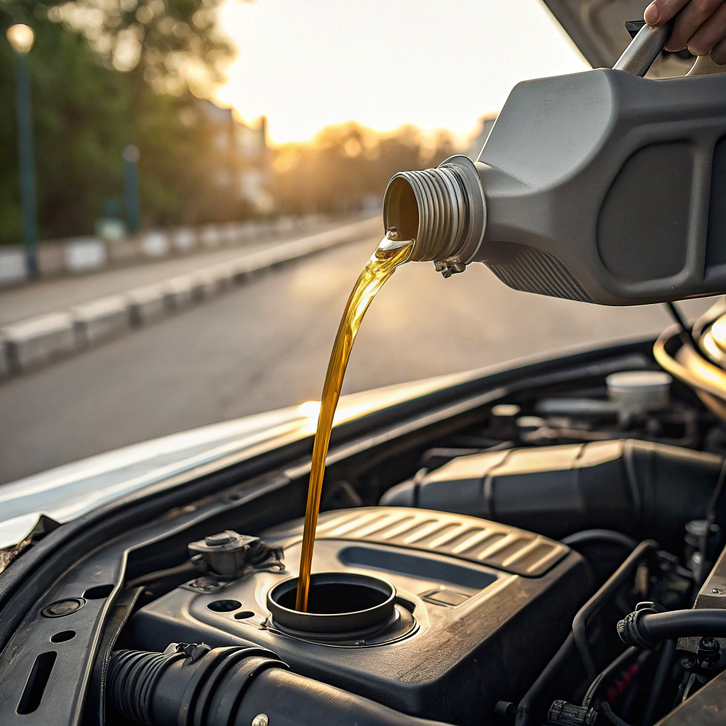 Person pouring oil into a car engine; outdoors on a sunny street.