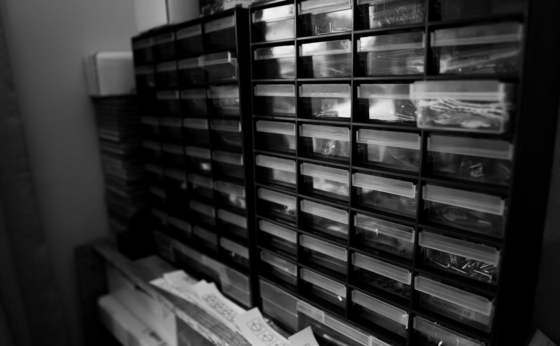 rows of electrical components in shelves