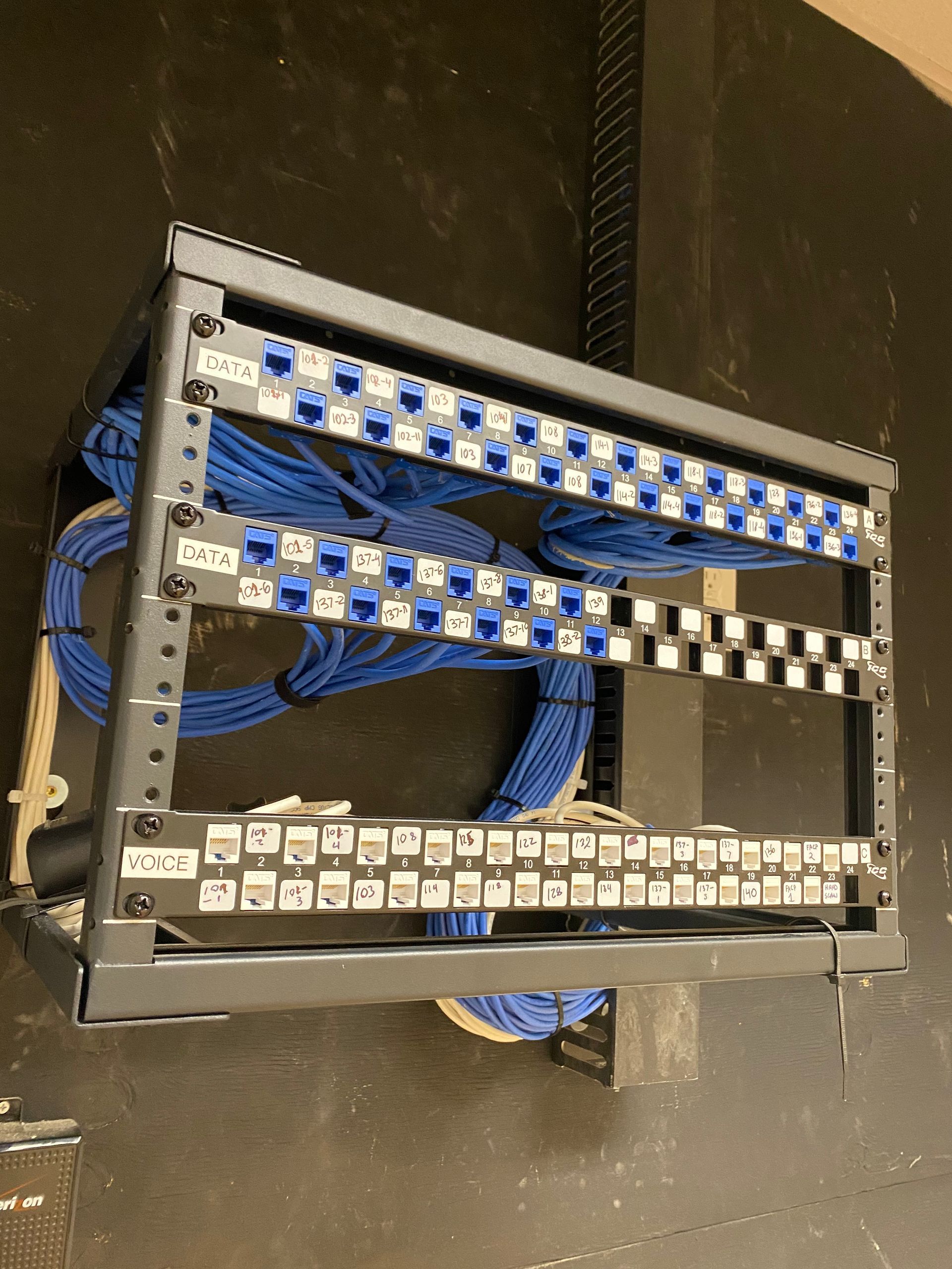 A rack with a bunch of blue wires on it