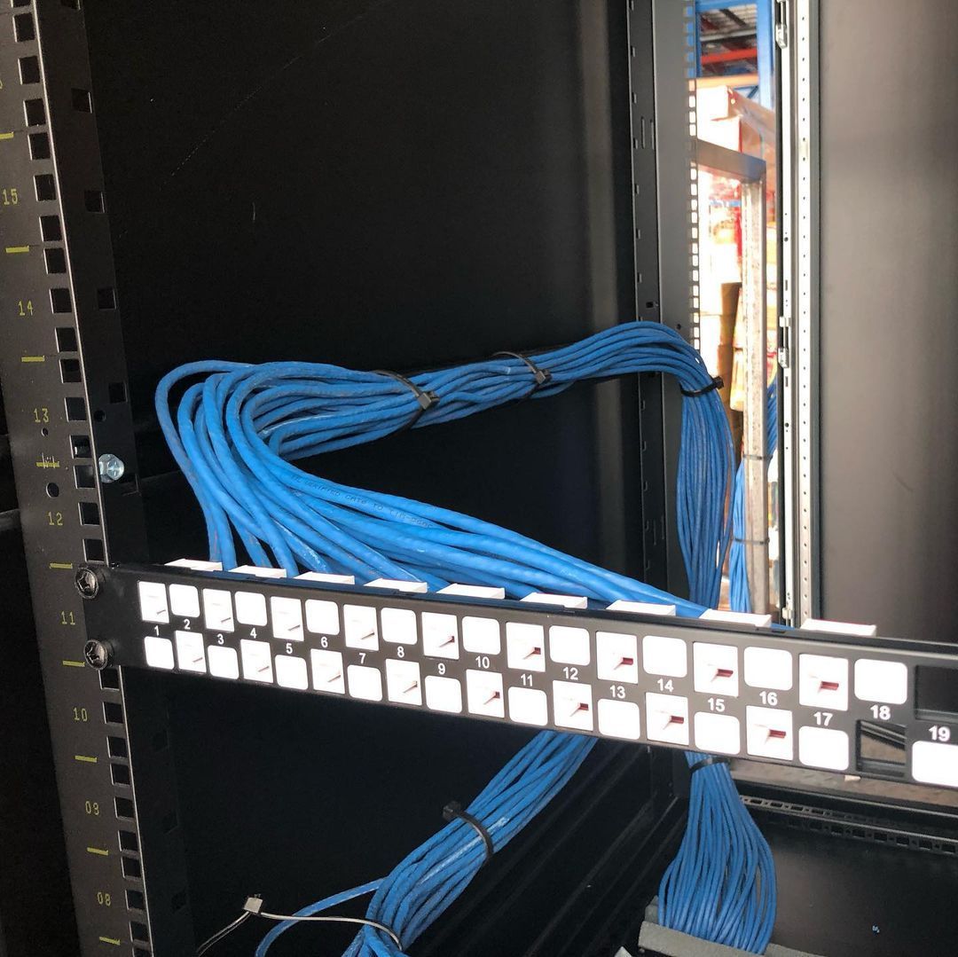 A bunch of blue wires are connected to a rack