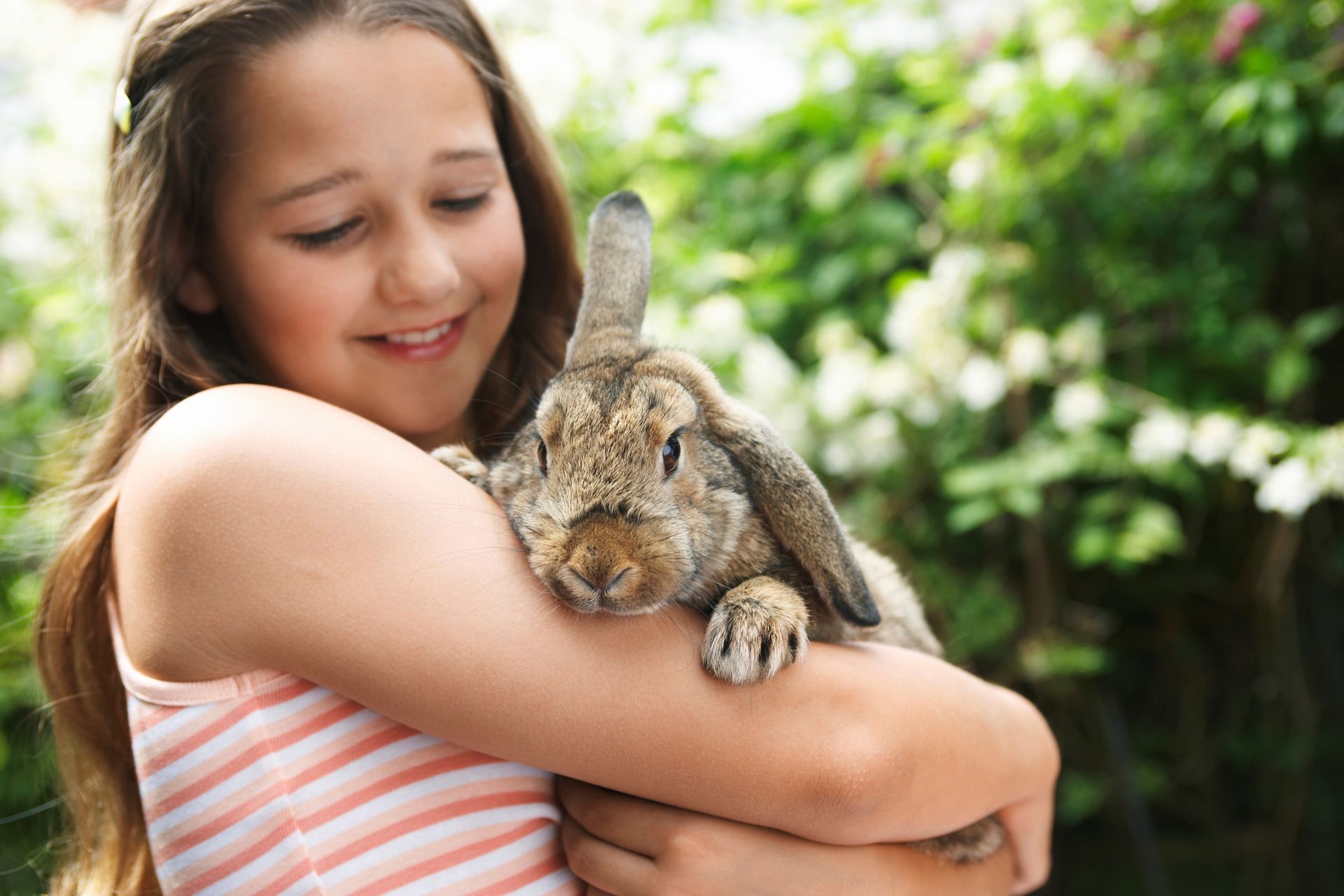 A young girl is holding a small rabbit in her arms.