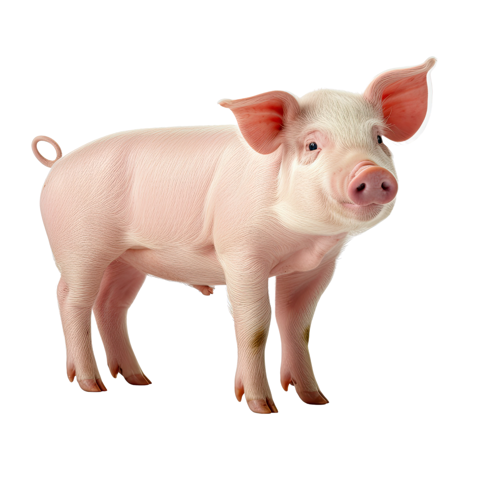 A pig is standing on a white background and looking at the camera