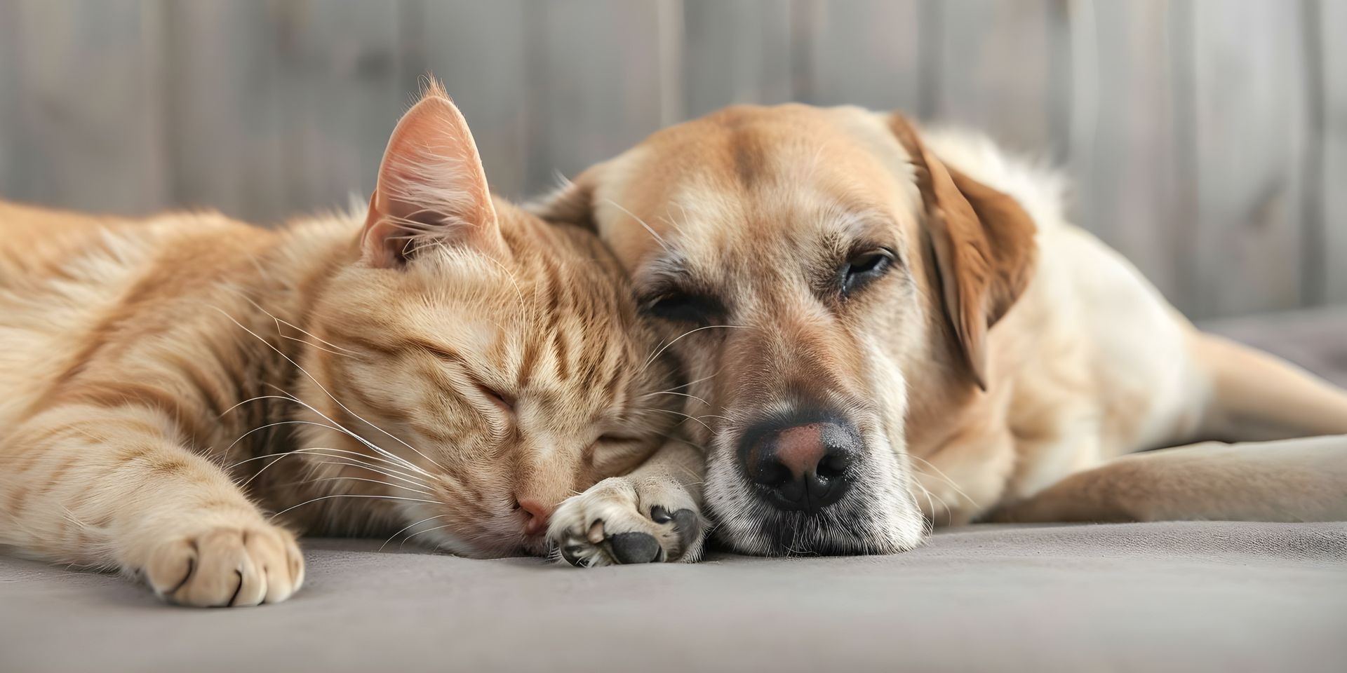 A dog and a cat are laying next to each other on a couch.