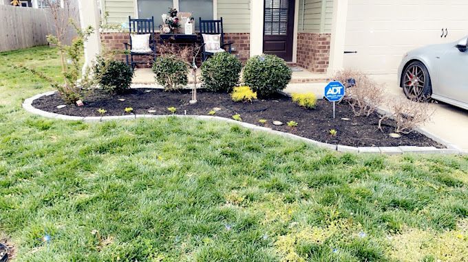 A car is parked in front of a house with a lush green lawn.