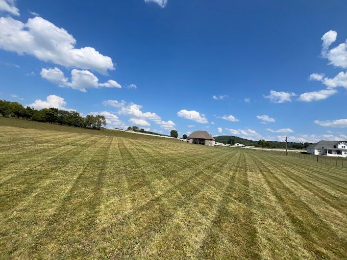 A large grassy field with a house in the background on a sunny day.