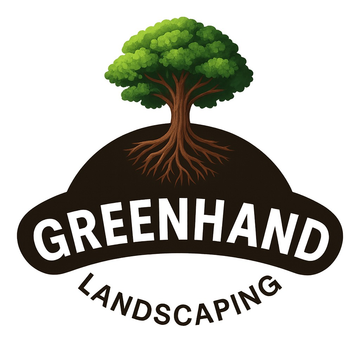 Greenhand logo: Green tree with exposed roots and foliage on a circular dark background, over the word "GREENHAND" in green.