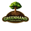 Logo for Greenhand Landscaping featuring a green tree above its brown roots on a dark shape, with the company name below.