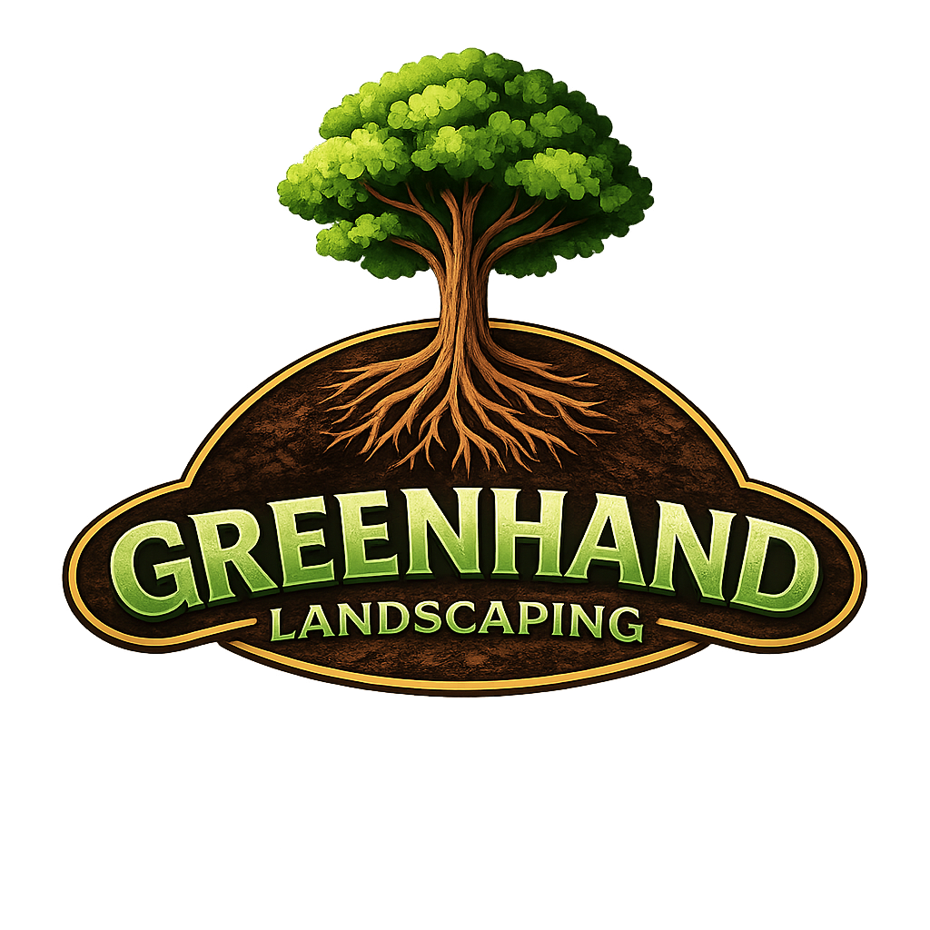 Logo for Greenhand Landscaping featuring a green tree above its brown roots on a dark shape, with the company name below.