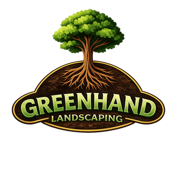 Logo for Greenhand Landscaping featuring a green tree above its brown roots on a dark shape, with the company name below.