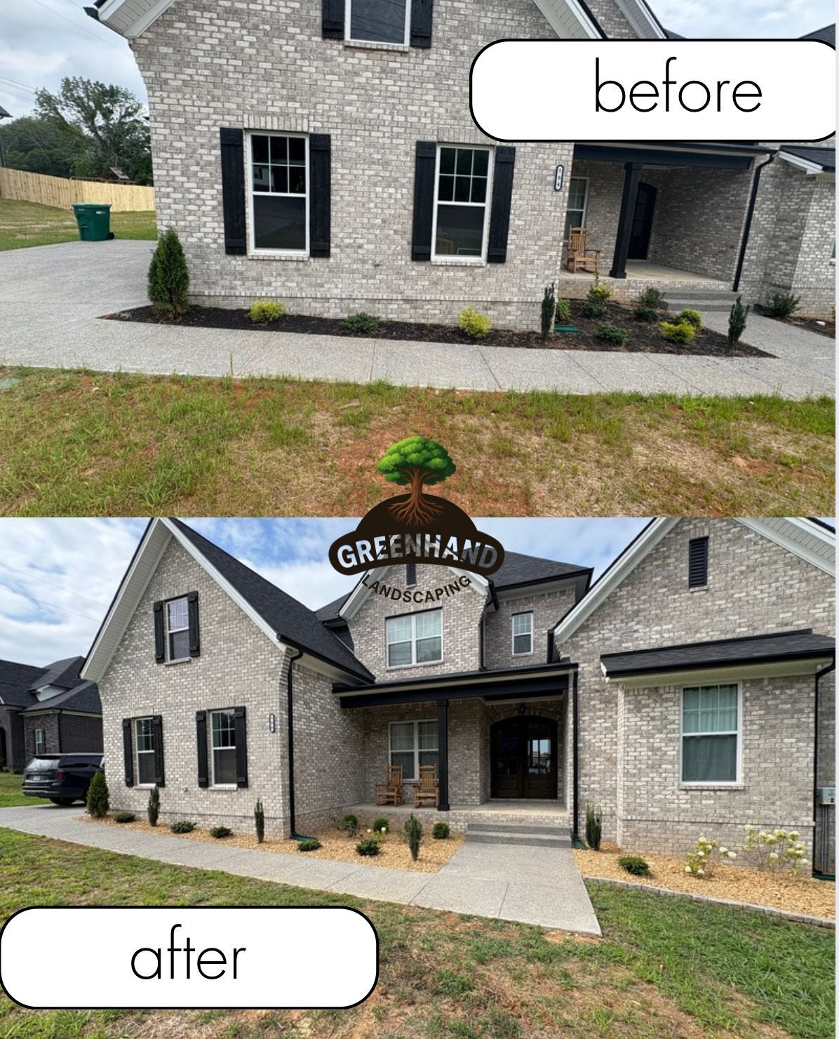 Before and after of a light brick home with new landscaping and porch details, showcasing a makeover.
