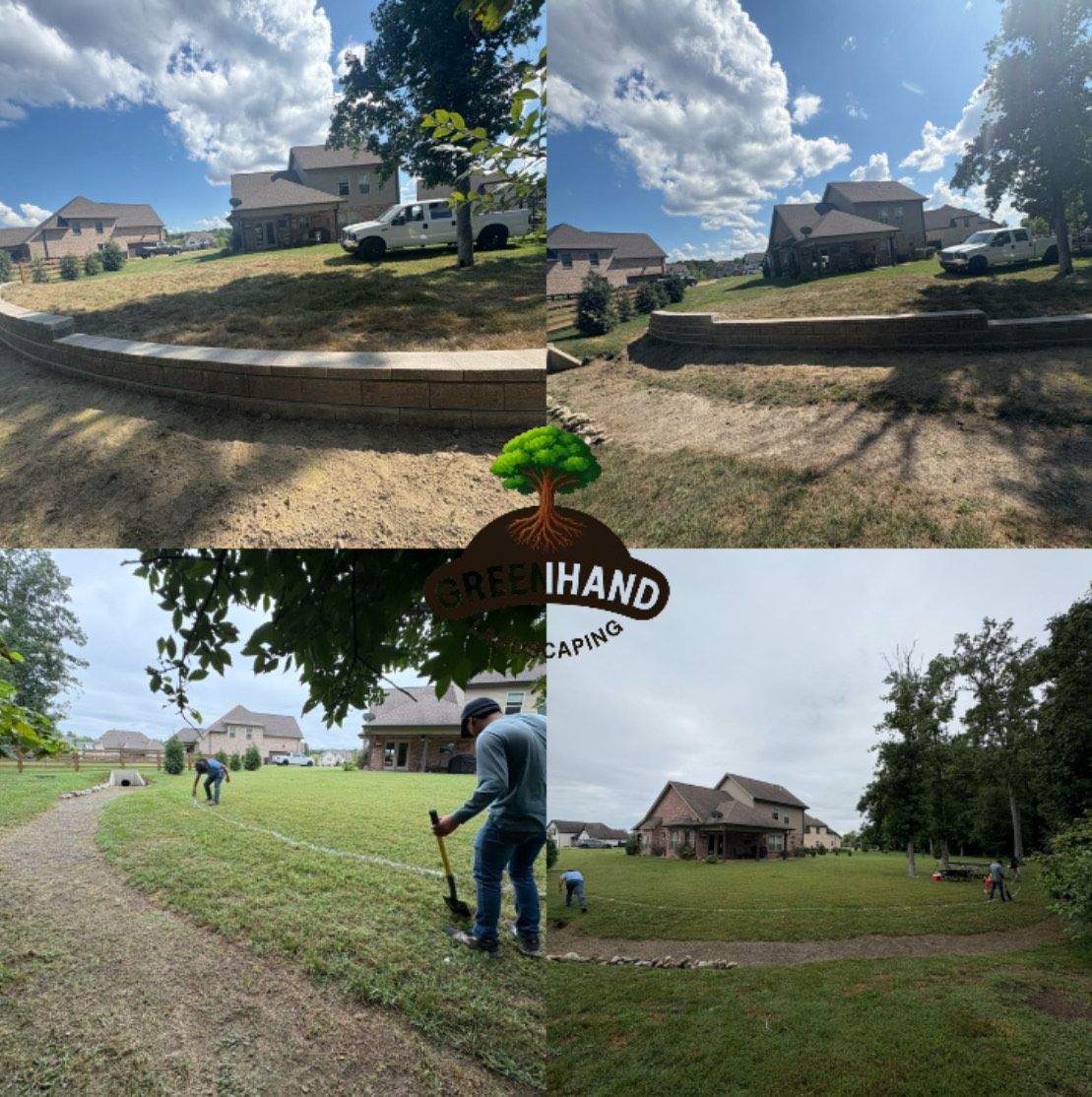 Four photos show landscaping work: retaining wall, two workers digging, and a lawn area.