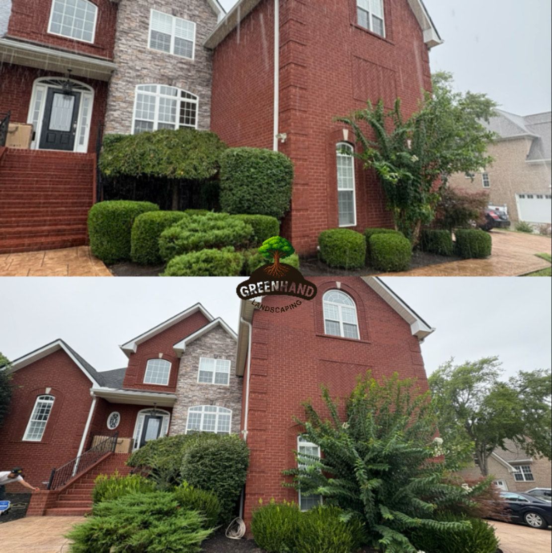 Before and after of a brick house with trimmed bushes. The top image shows neatly trimmed hedges and the bottom image shows overgrown ones.
