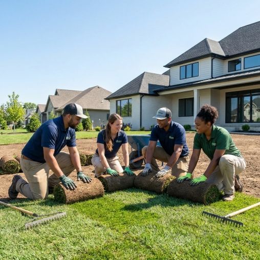 A pallet filled with rolls of turf is sitting in a field.