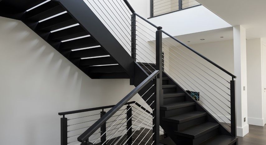 Black floating staircase with white cable railings
