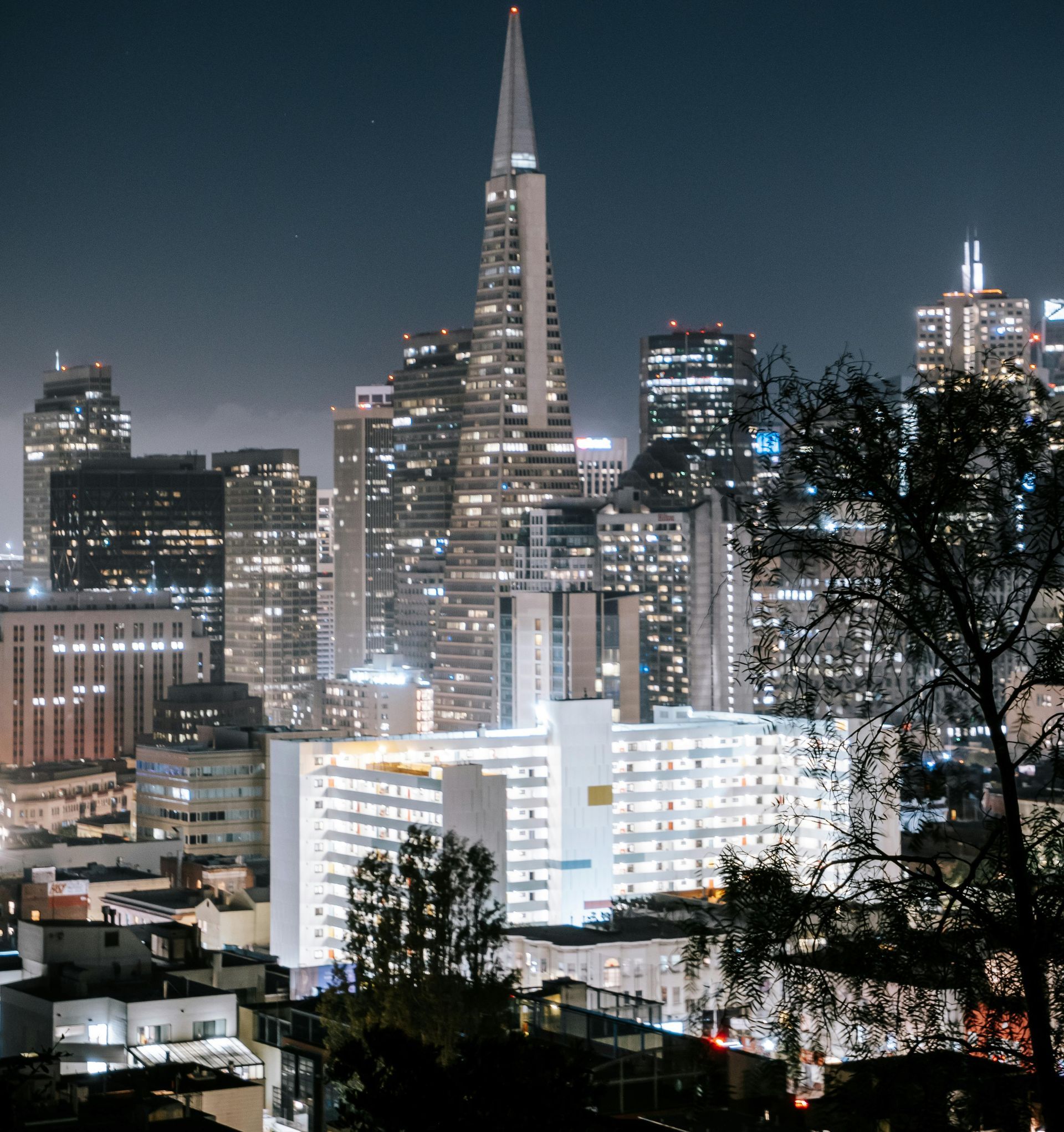 Nighttime city skyline with the Transamerica Pyramid and illuminated office buildings.