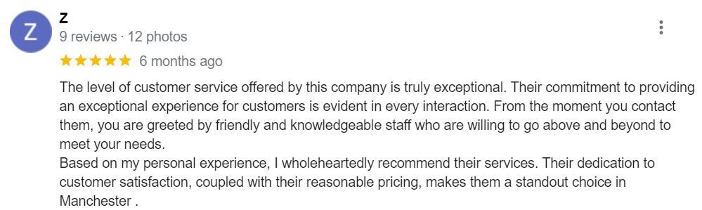 The level of customer service offered by this company is truly exceptional. Their commitment to providing an exceptional experience for customers is evident in every interaction. From the moment you contact them, you are greeted by friendly and knowledgeable staff who are willing to go above and beyond to meet your needs.
Based on my personal experience, I wholeheartedly recommend their services. Their dedication to customer satisfaction, coupled with their reasonable pricing, makes them a standout choice in Manchester .
Like, Google review, positive, kaftan, feedback, testimonies.