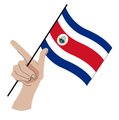 Hand holding a Costa Rican flag on a black pole, with red, white, and blue stripes.