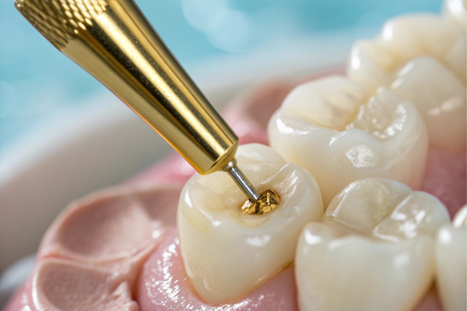 Dental tool applying gold filling to a tooth in a close-up mouth view