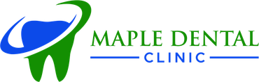 The maple dental clinic logo is blue and green with a tooth in the middle.