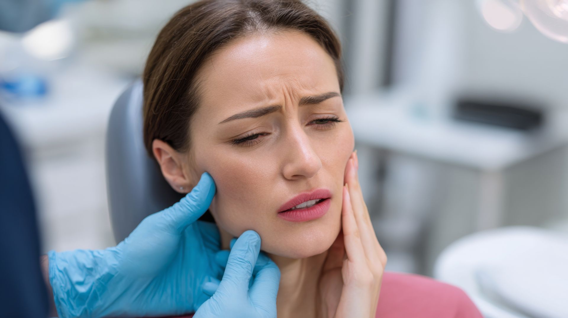 Dentist examining a woman with cheek pain in a clinic, gloved hand touching her face