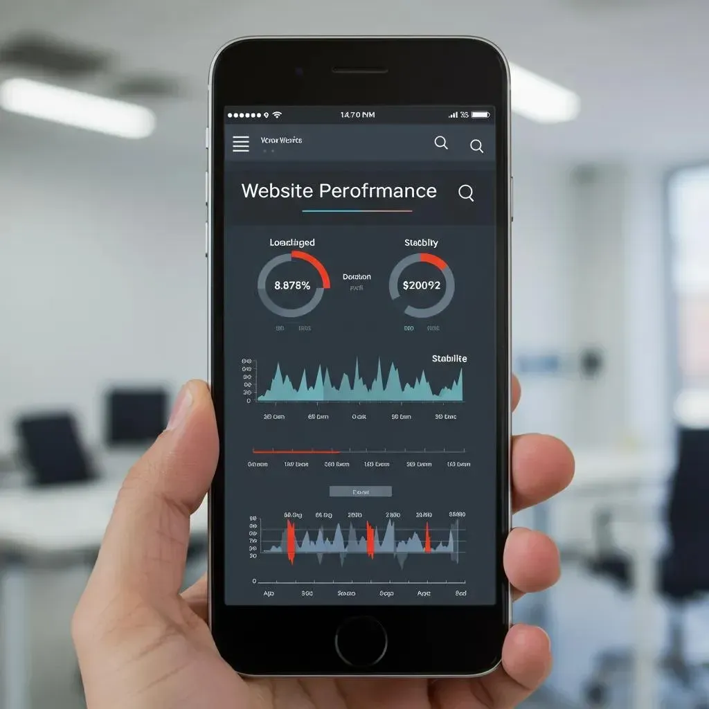 Hand holding a smartphone displaying website performance analytics with graphs and charts on a dark background.