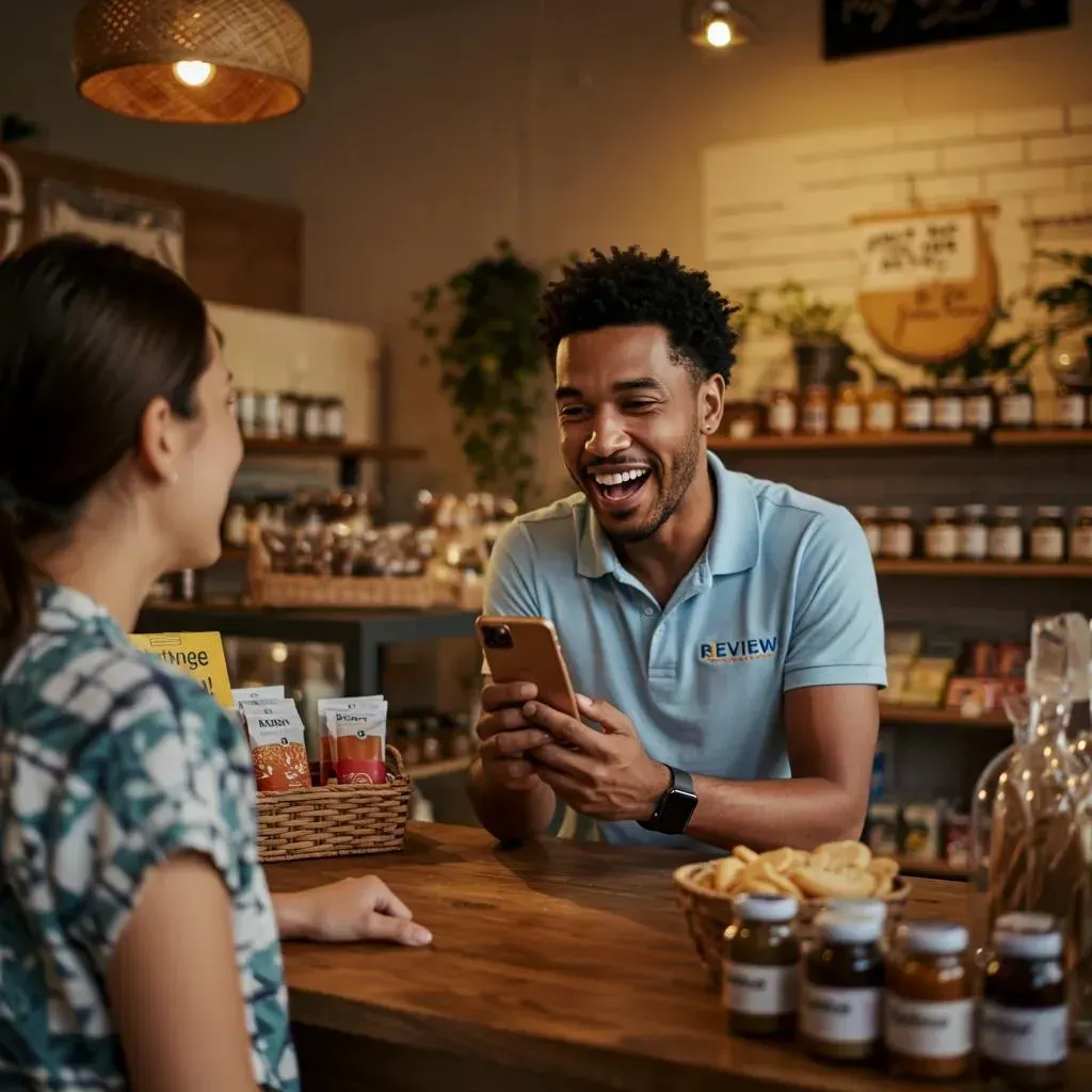 A person smiles and shows their phone to a customer at a shop counter, surrounded by products.