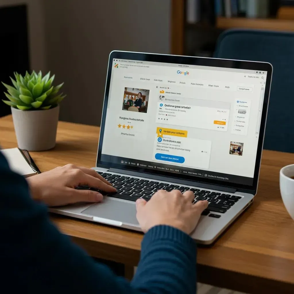 Person using a laptop at a wooden desk, viewing a website with text and photos. A potted plant and coffee cup are visible.