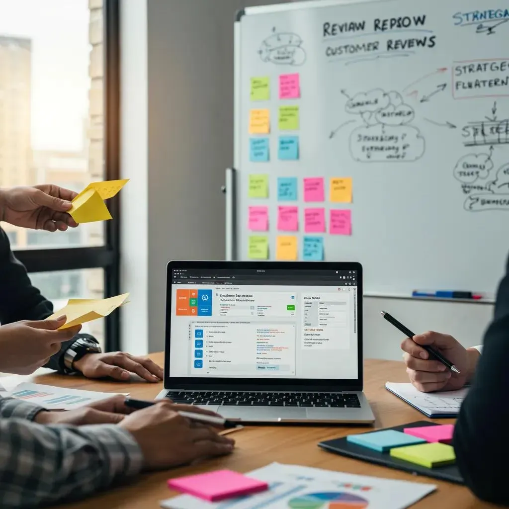 Team reviews project on laptop at desk, whiteboard with sticky notes in background.