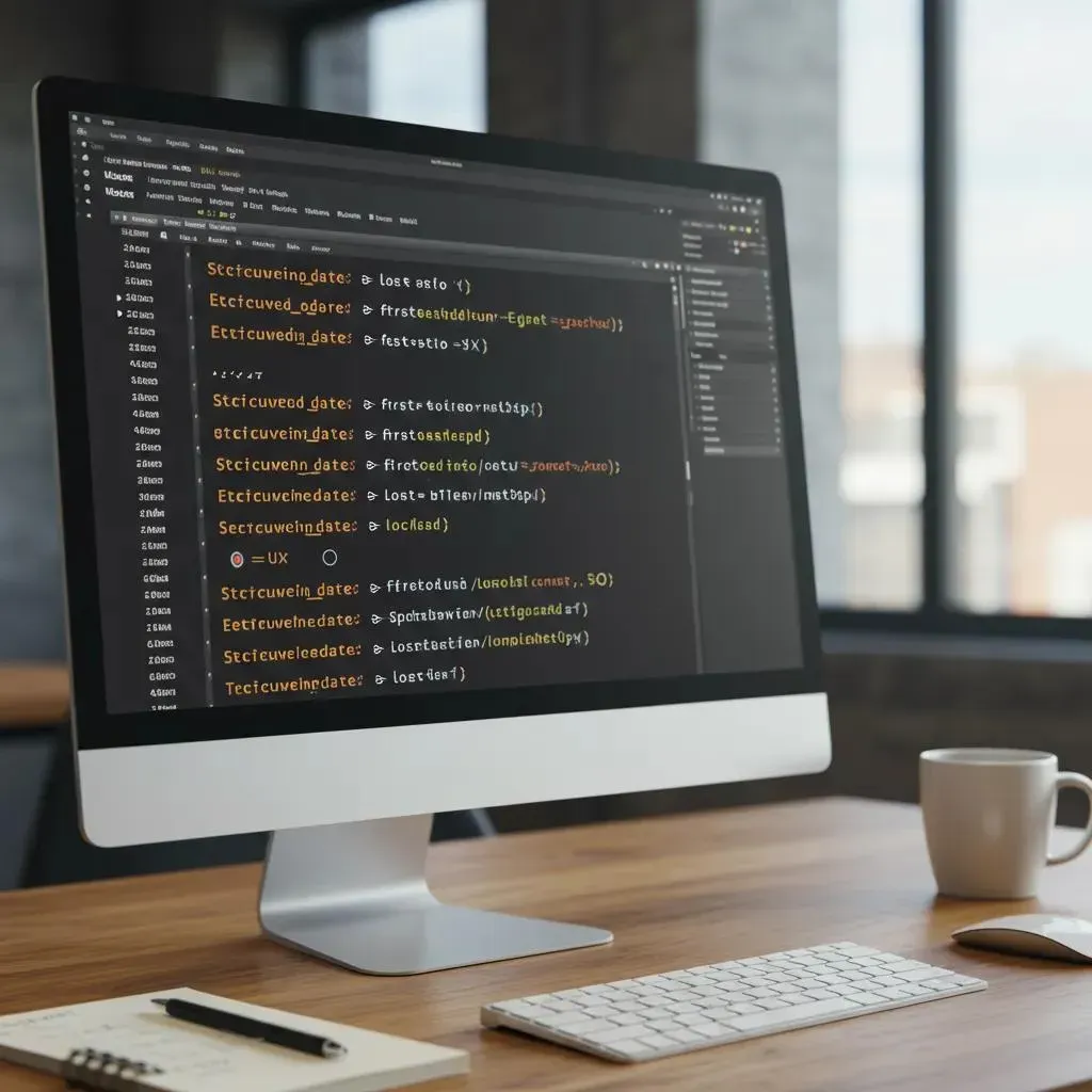 Computer monitor displaying code on a desk with a keyboard, coffee cup, and notebook.