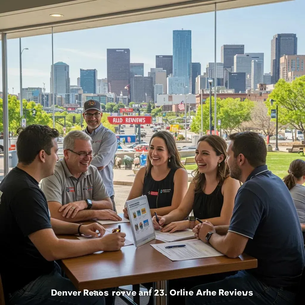 People sit around a table, laughing, with a cityscape in the background, possibly Denver.