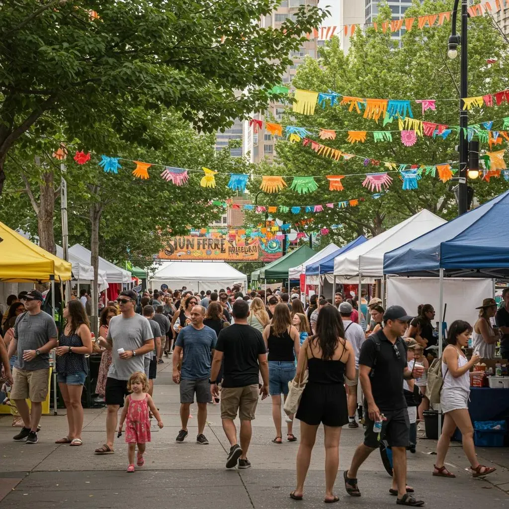 Street market with many people, colorful banners, tents, and trees in a city.