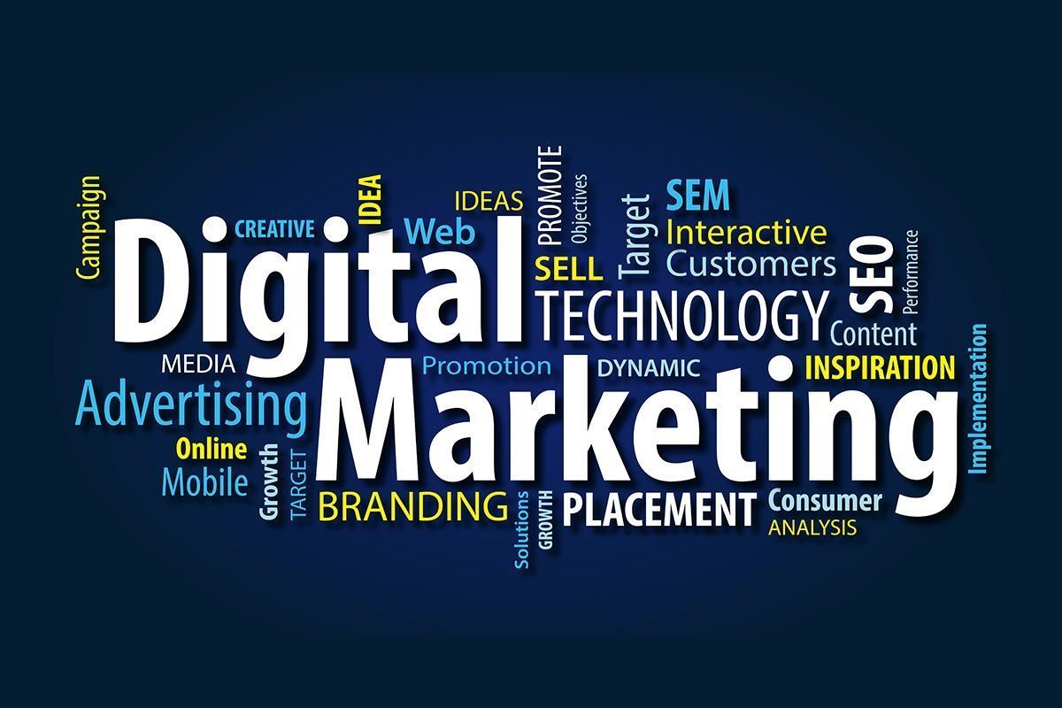 A digital marketing word cloud on a blue background