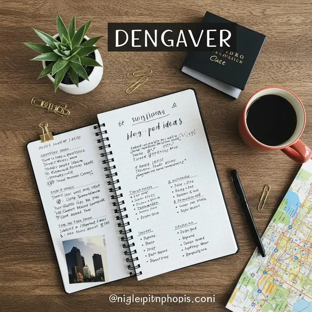 Notebook with notes, coffee, map, plant, and other desk items.