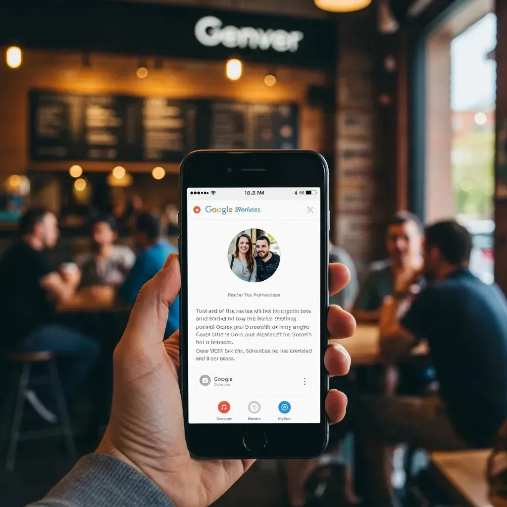 Hand holding a phone displaying a dating app profile in a cafe setting with blurred people in the background.