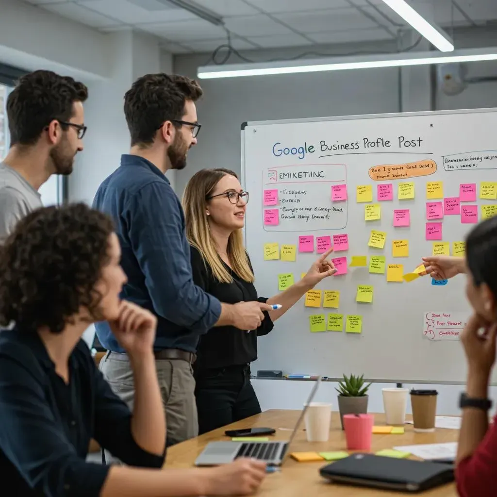 A team reviews sticky notes on a whiteboard, likely brainstorming ideas in an office.