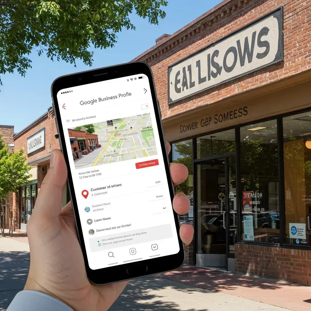 Person holding phone displaying a business listing outdoors near a brick building with a sign.