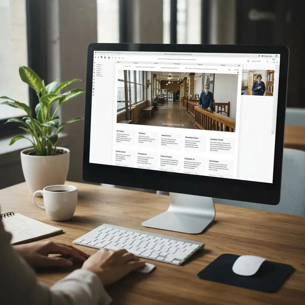 Person using a computer, viewing a website with a courthouse scene. Cup, plant, and keyboard visible on desk.