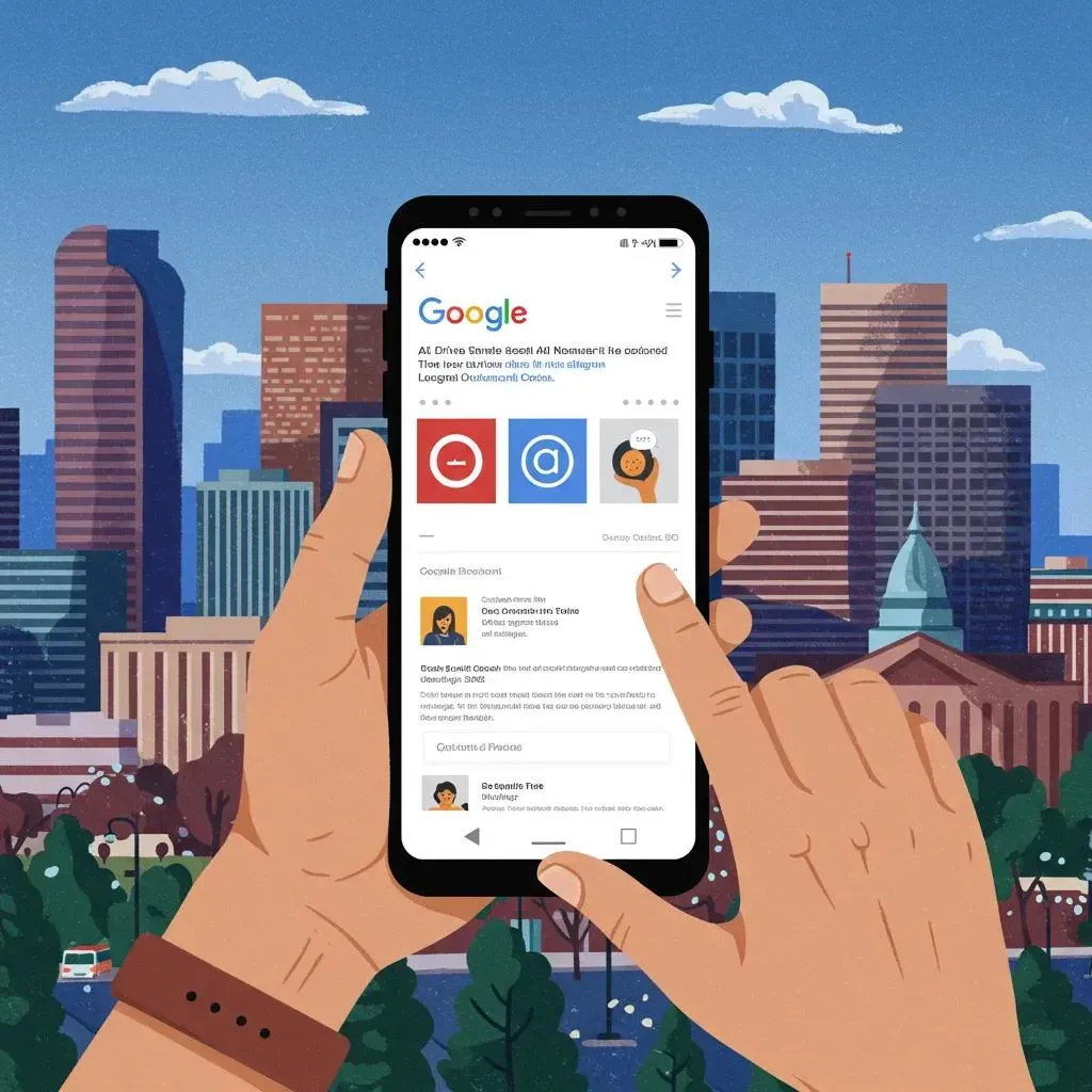 Hands holding a phone showing a Google search result with three icons against a city backdrop.