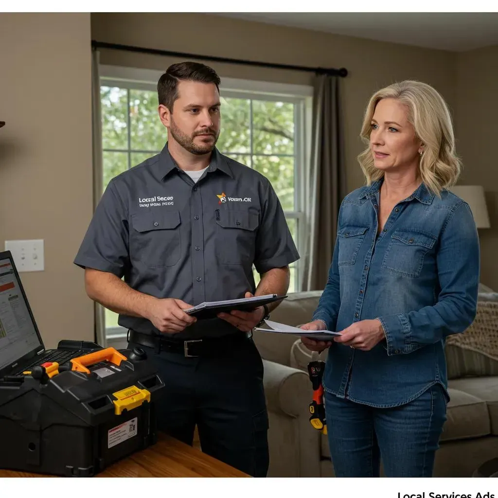 Technician and homeowner discussing paperwork in a living room, near a service kit.